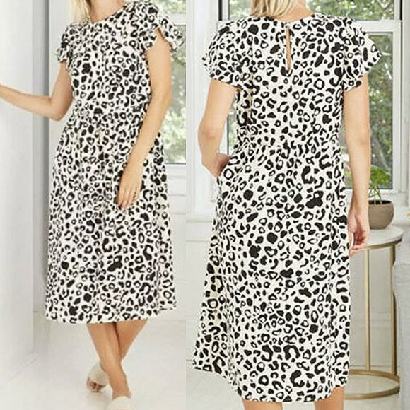 Who What Wear Linen Blend Leopard Animal Flutter Sleeves Tiered Midi Dress XXL - Picture 2 of 16